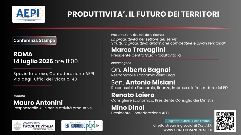 Produttività e competitività, Aepi presenta a Roma la ricerca sul futuro dei territori